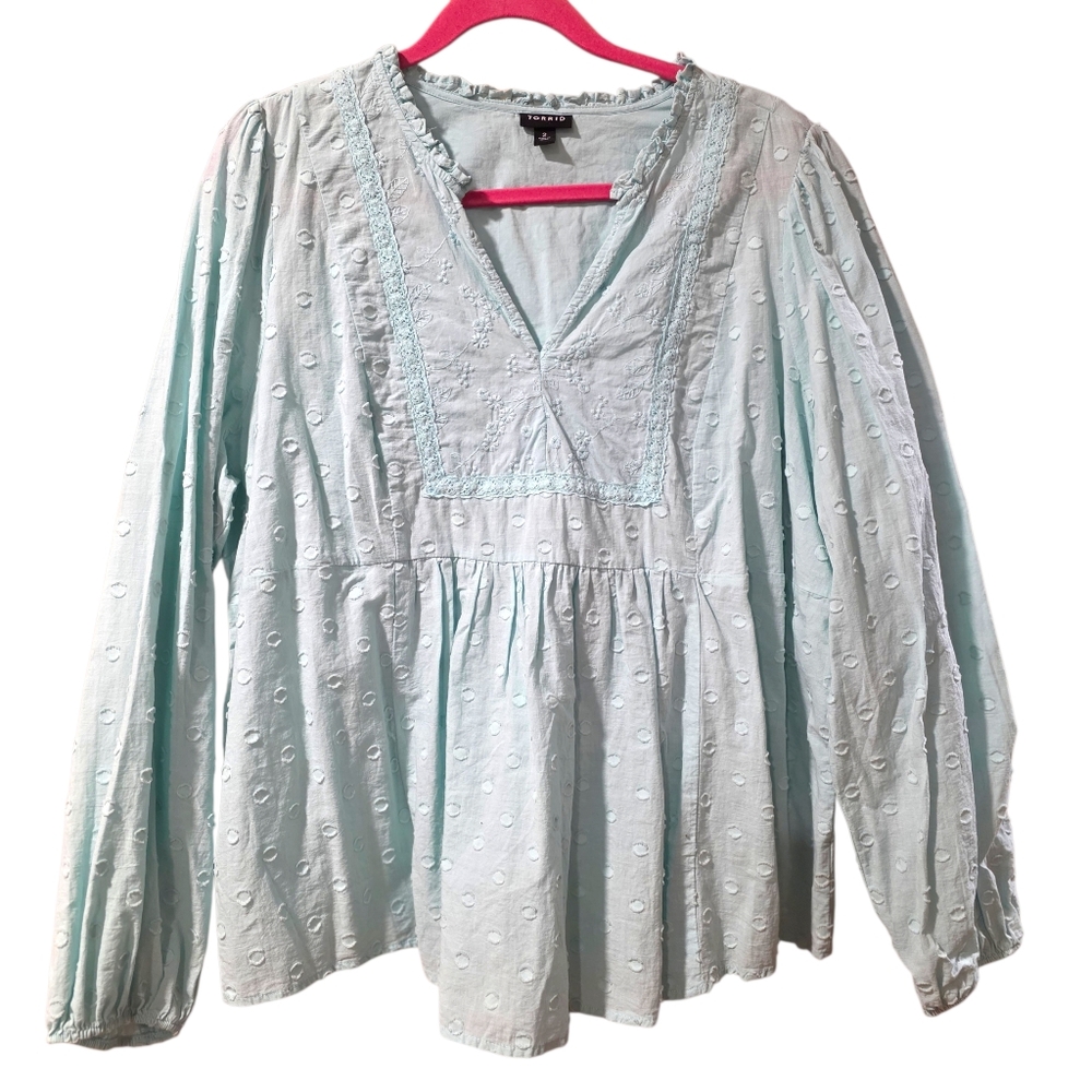Torrid Size 2 Blue Clip Dot Mixed Eyelet Yoke Detail Long Sleeve Blouse